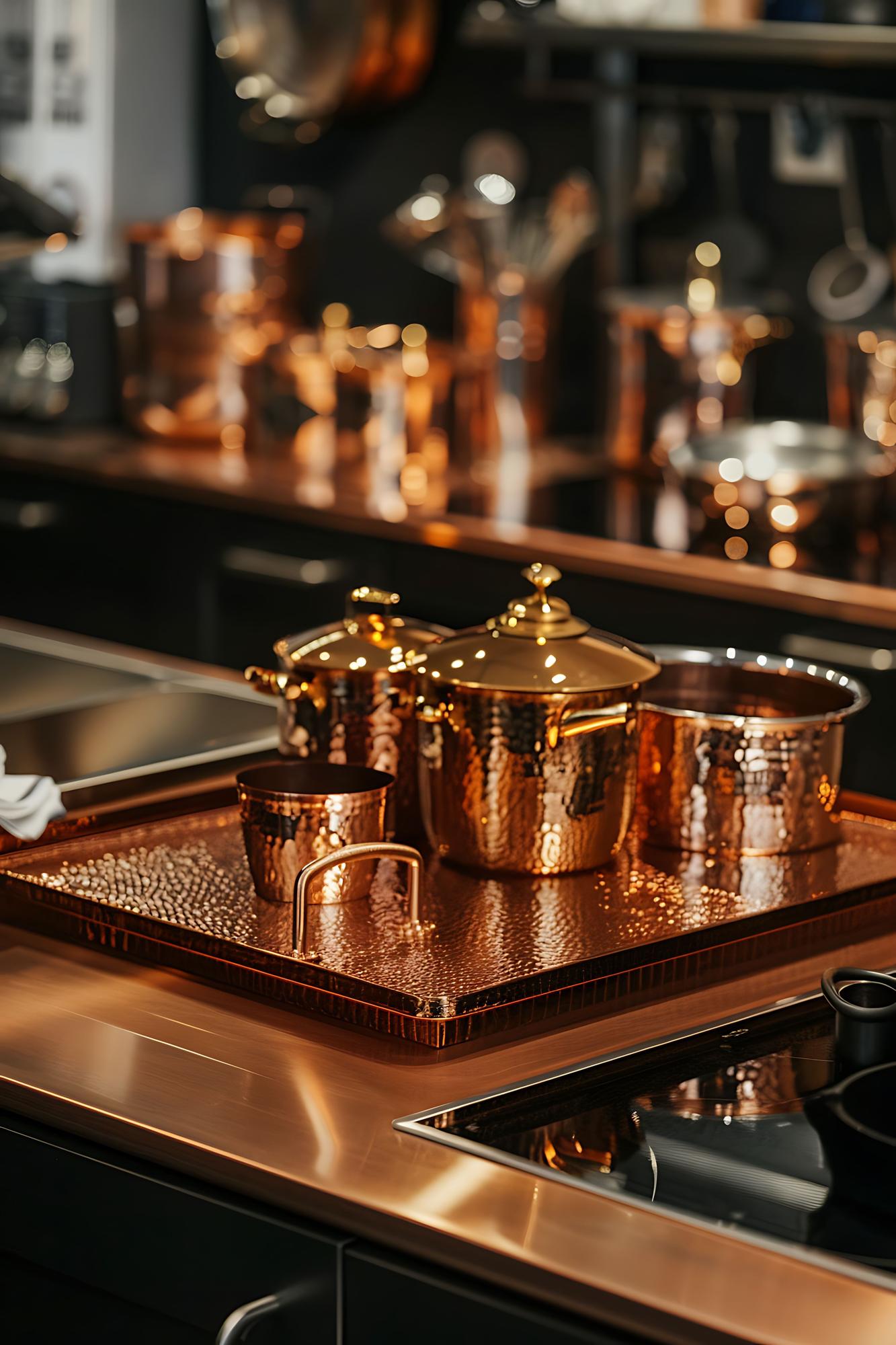 Interior of a luxury culinary studio with brass accents