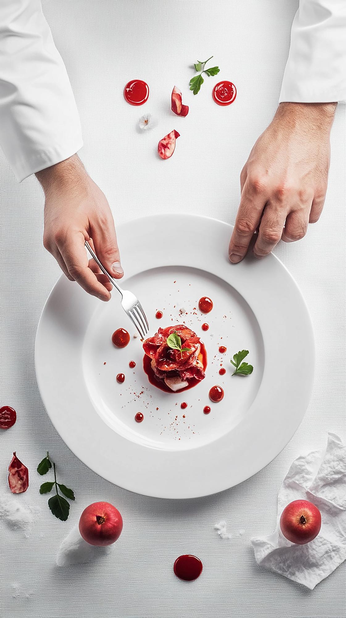 Chef plating an elegant gourmet dish on dark surface